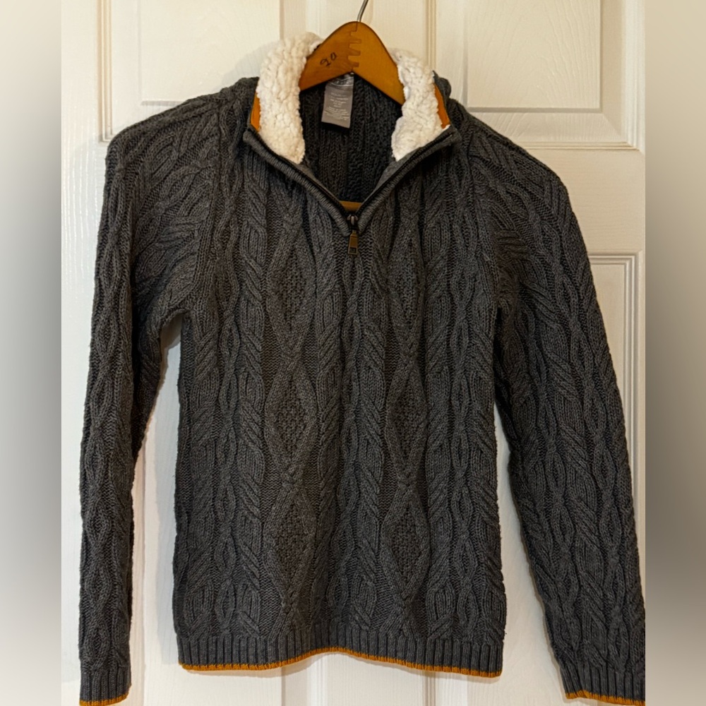 Adorable Charcoal Cable Knit Sweater with small partial zipper with Mustard Trim